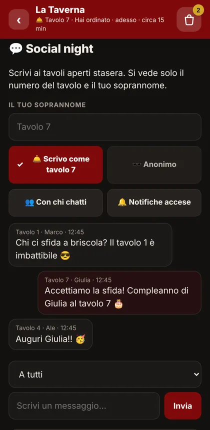 Chat tra i tavoli durante la social night