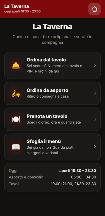 Home del locale con prenotazione e asporto