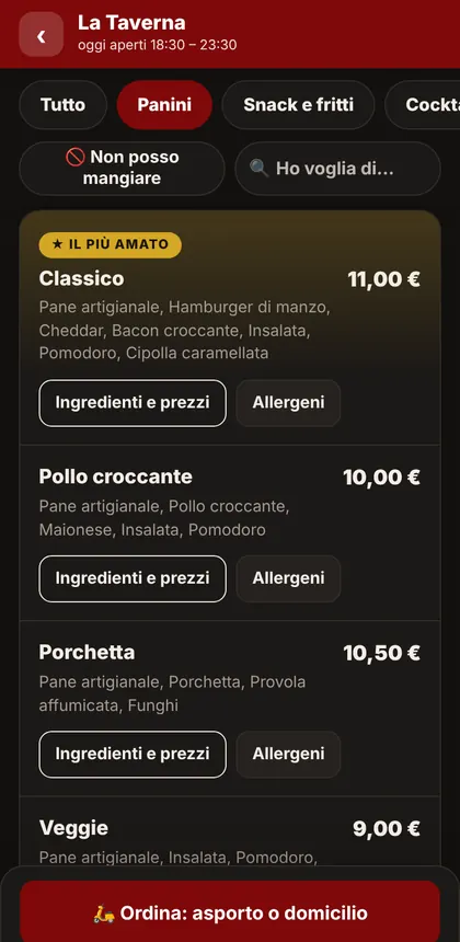 Menù digitale con QR code, foto e allergeni