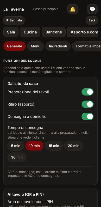 Pannello del titolare con le funzioni del locale